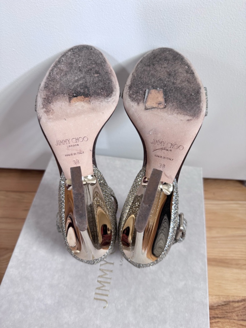 Jimmy Choo Edina 85 mm champagne Metallic Gold Glitter Ankle-Strap Block Heels - Picture 9 of 12